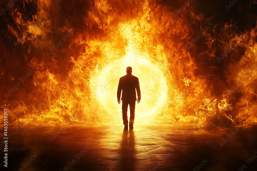 Fototapeta premium Silhouette of person walking through fiery doorway