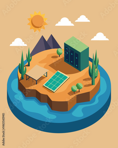 An oasis in the desert with solar panels floating on a small artificial lake supplying clean power to a nearby community.. Vector illustration