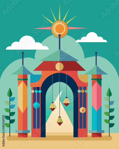 The main entrance to a music festival is decorated with a large vibrant solarpowered wind chime welcoming attendees with a serene yet lively atmosphere.. Vector illustration