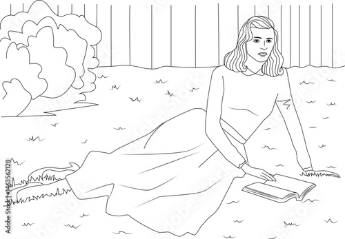 Woman Reading in 1950s Fashion Illustration, Black and white line art illustration of a woman dressed in 1950s fashion, sitting on the grass in a park setting and reading a book. Capturing the 