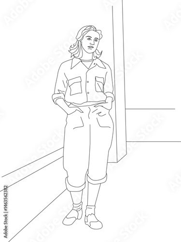 Outline Drawing of Woman in 1950s Fashion, Simple black and white outline illustration of a young woman standing with hands in her pockets, wearing casual 1950s style clothing with rolled-up sleeves 
