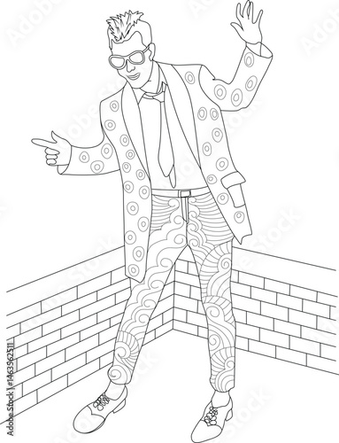Retro Man in 50s Fashion Suit Line Art, Black and white line art illustration of a stylish man wearing a patterned suit, tie, and sunglasses, posing in a retro 1950s fashion style against a brick 
