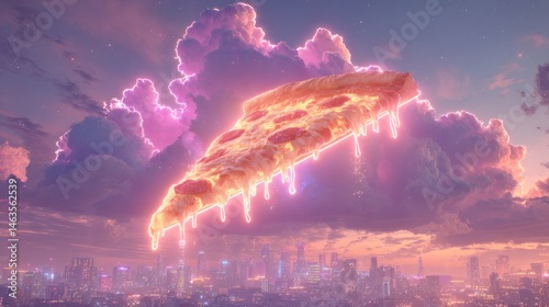 Flying pizza slice over cityscape