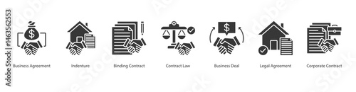 Corporate Contracts web banner icon sheet vector business agreement, indenture, binding contract, contract law, business deal, legal agreement, corporate contract