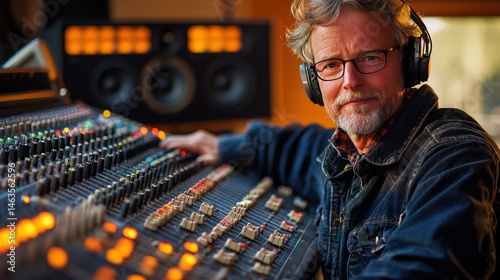 Sound engineer in the recording studio mixes the sound tracks, ensuring balance between the elements