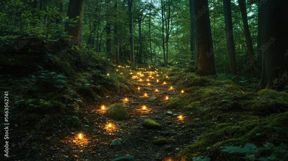 Obraz premium Enchanted forest path, glowing lights guide way.