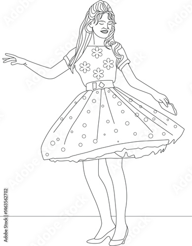 Happy Woman Dancing in 50s Vintage Fashion Illustration, Stylized line art illustration of a joyful woman in a classic 1950s style dress with polka dots and floral detail, twirling or dancing 