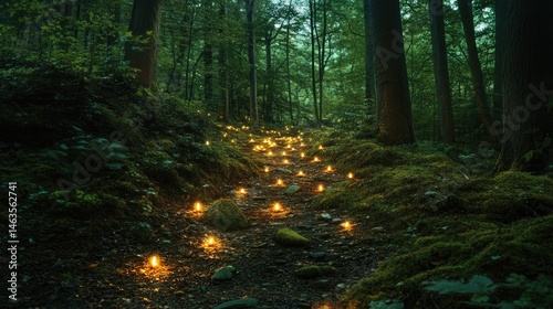 Enchanted forest path, glowing lights guide way.