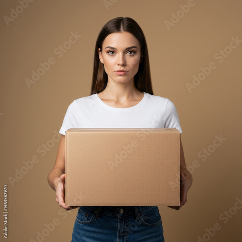 Young woman holding a cardboard box in a neutral studio setting.
