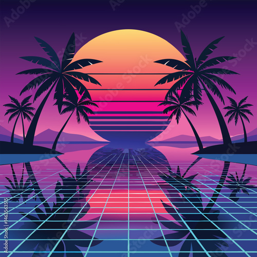 Retro Sunset Beach with Palm Trees – Vaporwave Aesthetic Landscape Art
