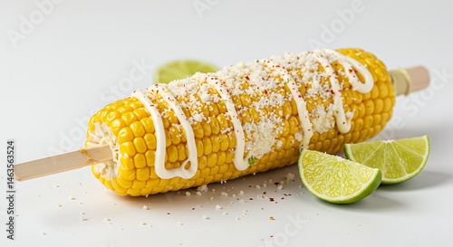 Mexican street corn (elote) on a stick with lime wedges on white background