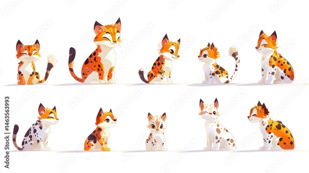 Fototapeta premium Adorable cartoon cats collection orange and white spotted kittens in playful poses