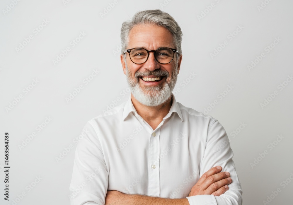 Smiling man with glasses and arms crossed against isolated on white background Smiling man with glasses and arms crossed against isolated on white background