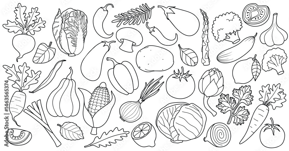 Vegetables doodle set with sketch style. Hand drawn vegetable cartoon organic design elements set isolated white background. Vegetables doodle set with sketch style. Hand drawn vegetable cartoon organic design elements set isolated white background.