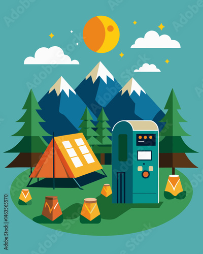 In an effort to promote sustainability a popular camping site features solarpowered vending machines providing campers with essential items while minimizing waste and environmental. Vector
