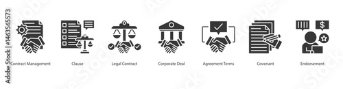 Legal Agreements banner web icon vector contract management, clause, legal contract, corporate deal, agreement terms, covenant, endorsement