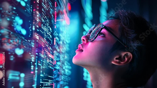 Young person gazing at vibrant digital display