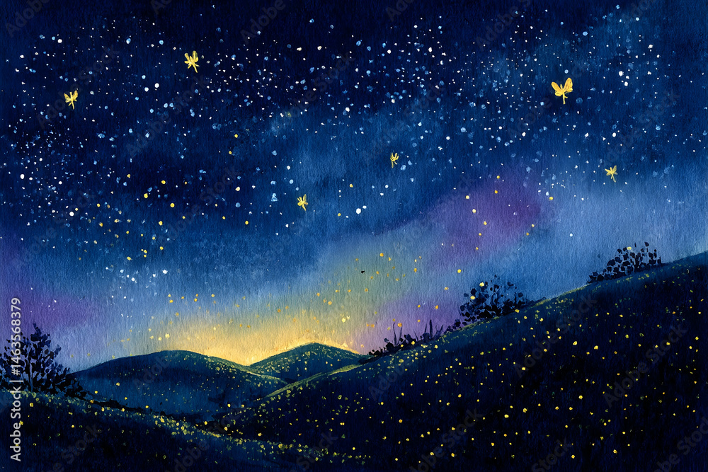 Fototapeta premium Starry night landscape scene over rolling hills.