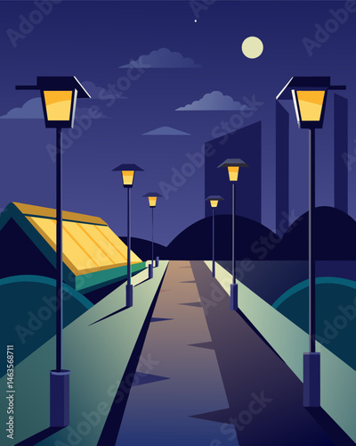 As dusk falls the centers outdoor pathway lights turn on powered by the solar panels on the nearby building.. Vector illustration