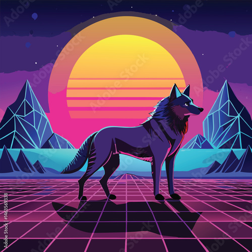 Cyberpunk Wolf Art – Neon Retro Futuristic Animal Design in Synthwave Style