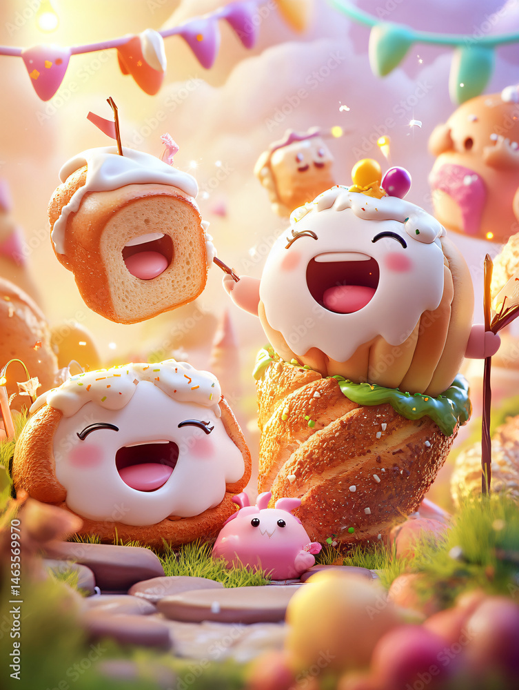 Fototapeta premium Adorable Bread with Colorful desserts. inspiration or happy themes. 3D rendering. 