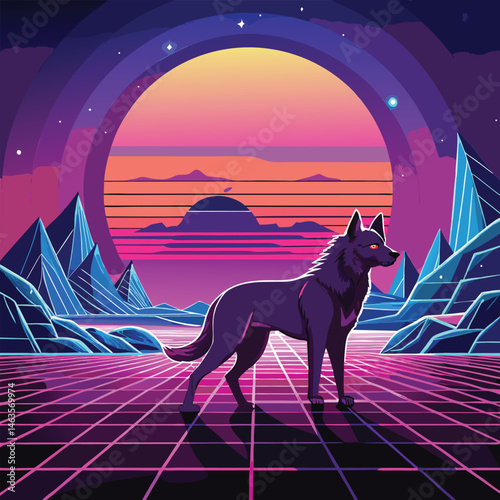 Cyberpunk Wolf Art – Neon Retro Futuristic Animal Design in Synthwave Style