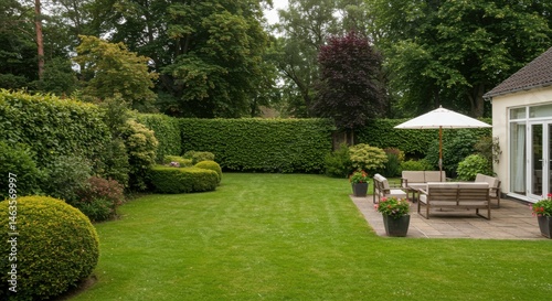 Lush green garden with patio and outdoor seating area