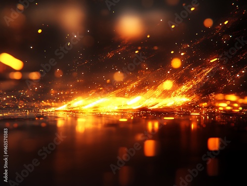 Fiery sparks explode across a dark and reflective surface