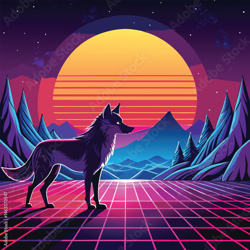 Cyberpunk Wolf Art – Neon Retro Futuristic Animal Design in Synthwave Style