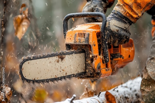 Woodcutter is engaged in professional cutting of trees with chainsaw