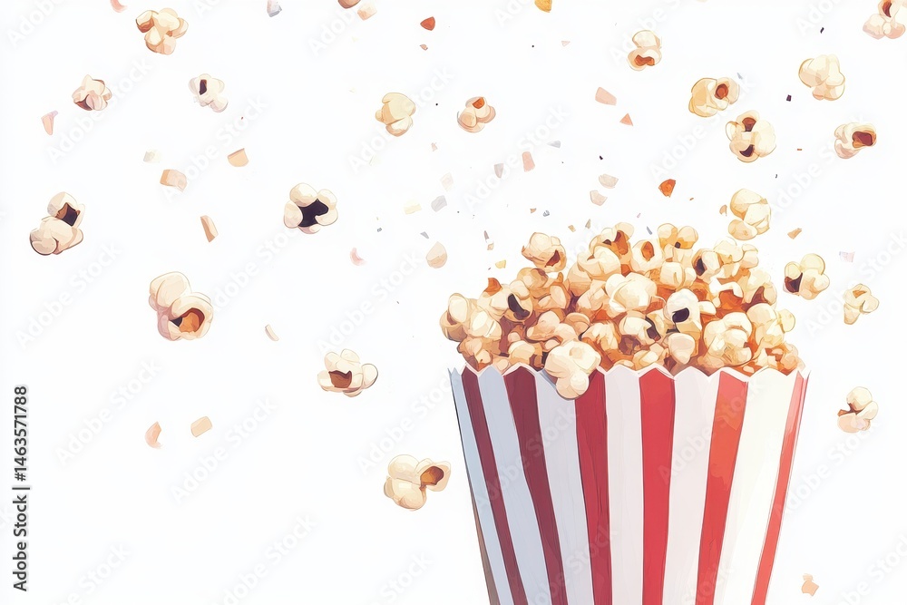 Cartoon popcorn in a striped container with falling kernels on a white background studio shot food photography Cartoon popcorn in a striped container with falling kernels on a white background studio shot food photography