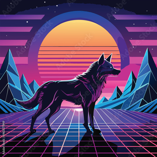 Cyberpunk Wolf Art – Neon Retro Futuristic Animal Design in Synthwave Style