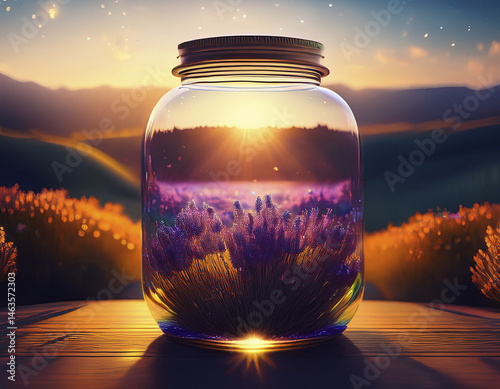 Glass jar containing floating lavender field under golden light.