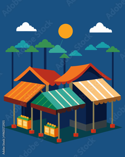 Even on the cloudiest days the market remains brightly lit thanks to the efficient solar panel systems installed on each stall.. Vector illustration