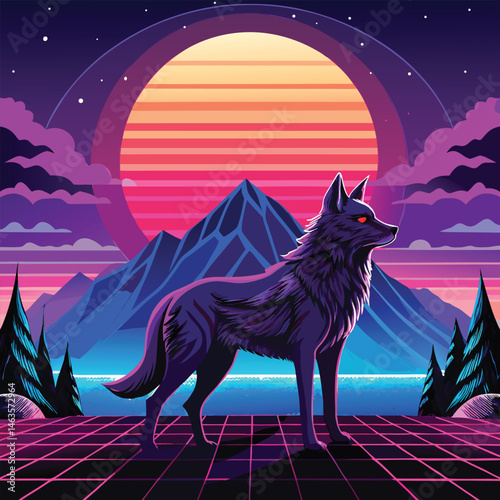 Cyberpunk Wolf Art – Neon Retro Futuristic Animal Design in Synthwave Style