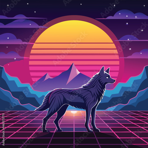 Cyberpunk Wolf Art – Neon Retro Futuristic Animal Design in Synthwave Style