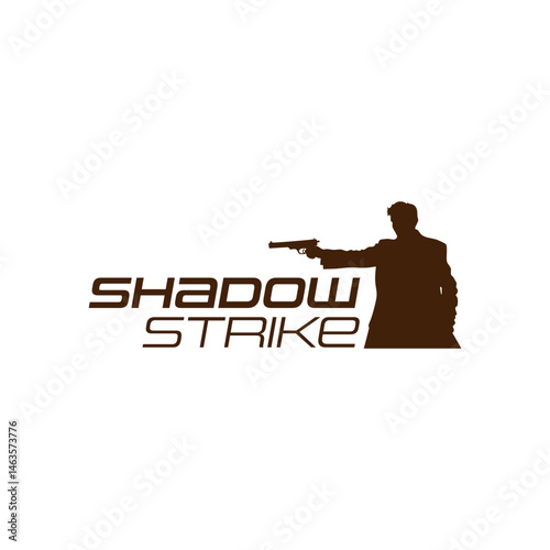 Shadow Strike: This logo features a silhouette of a figure holding a gun, directly representing action, stealth, or a strategic operation. Layered EPS Vector