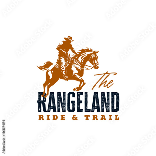 The Rangeland Ride & Trail logo features a cowboy riding a horse, directly representing a business offering horseback riding experiences and trails in open country. Layered EPS Vector