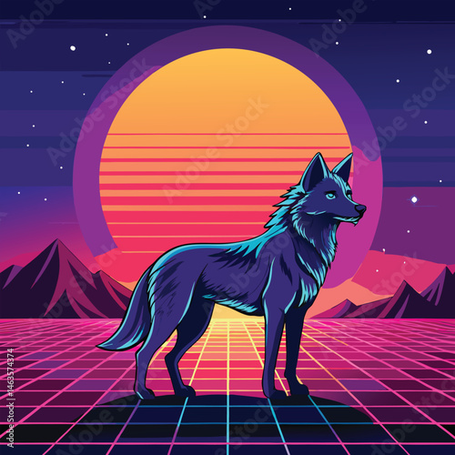 Cyberpunk Wolf Art – Neon Retro Futuristic Animal Design in Synthwave Style
