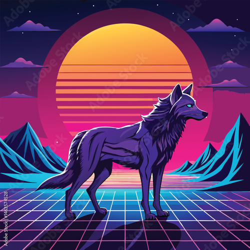 Cyberpunk Wolf Art – Neon Retro Futuristic Animal Design in Synthwave Style