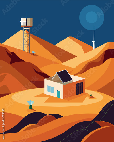 In the heart of the Sahara Desert a solarpowered research station collected data on sand dune formations and their impact on desert ecosystems.. Vector illustration