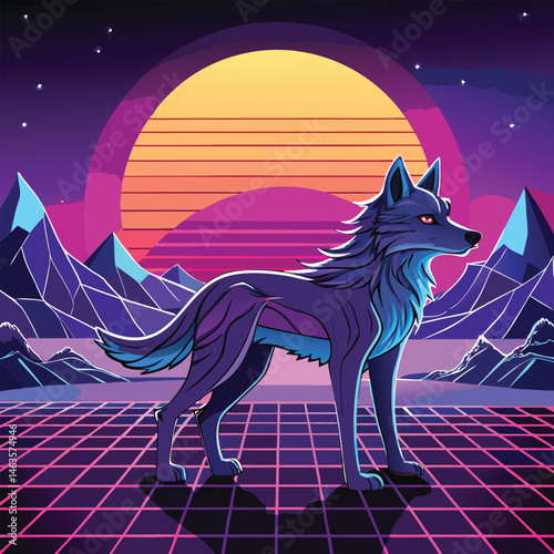Cyberpunk Wolf Art – Neon Retro Futuristic Animal Design in Synthwave Style