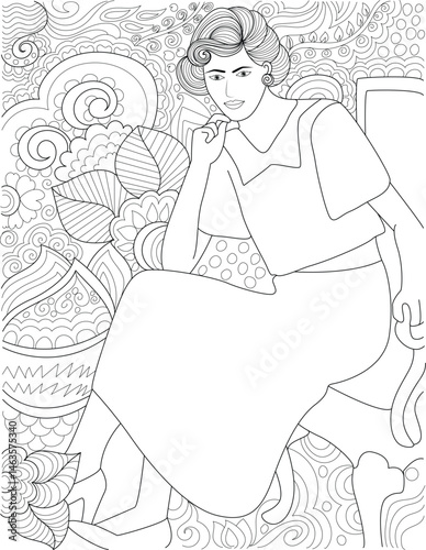 Elegant Vintage Woman Coloring Page, Black and white line art illustration of a stylish woman in vintage fashion, sitting against a decorative background. Ideal for adult coloring books, design 