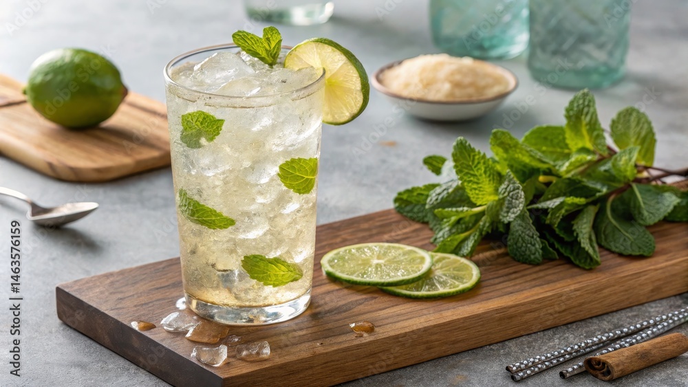 Fototapeta premium Refreshing Iced Mint Lime Drink Recipe Highball Glass Composition, Food Photography, Summer Cocktail Concept Keywords Mojito, Beverage