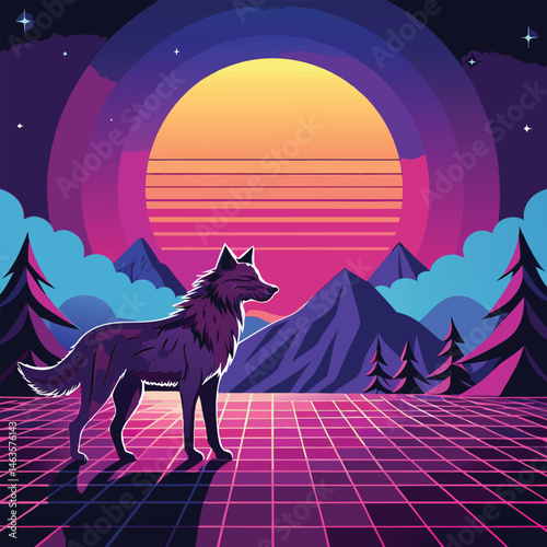 Cyberpunk Wolf Art – Neon Retro Futuristic Animal Design in Synthwave Style