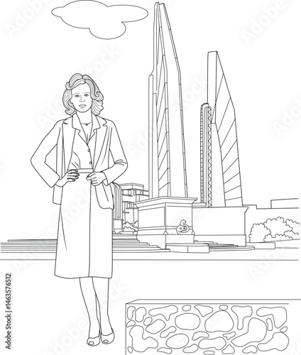 80s Businesswoman Fashion Line Art, Line art illustration featuring a confident businesswoman dressed in 1980s style attire, standing in a city environment. This vintage-inspired drawing captures 
