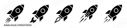 Minimalist rocket icons showing launch stages, ideal for startup branding, tech presentations, app interfaces, innovation campaigns, and creative digital projects. Rocket, spaceship, icons.
