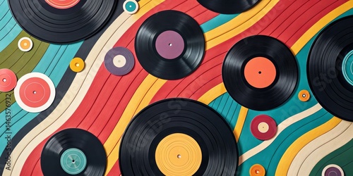 Retro Vinyl Records on Colorful Waves Abstract Composition, Music Background, 70s Aesthetic vinyl records, abstract art