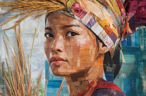 Mixed media Cubist artwork depicting a woman from the Karen ethnic group with traditional headwear