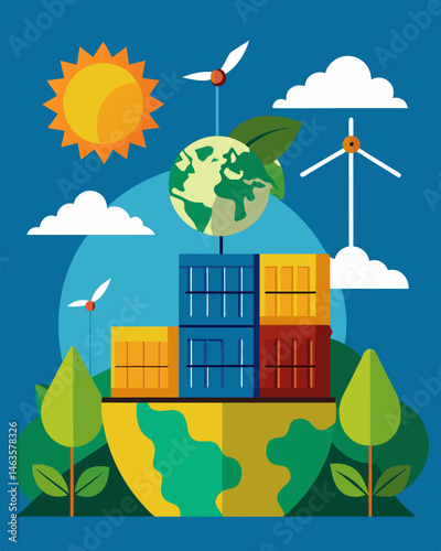 The ecoconscious corporation made a statement with their use of solarpowered cargo containers for shipping their products worldwide.. Vector illustration